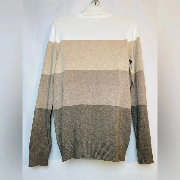 Calvin Klein Ivory taupe tan striped Colorblock Soft turtleneck sweater - Picture 3 of 6